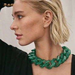 Vanessa Baroni Halsketten|Big Flat Chain Necklace Green Glitter